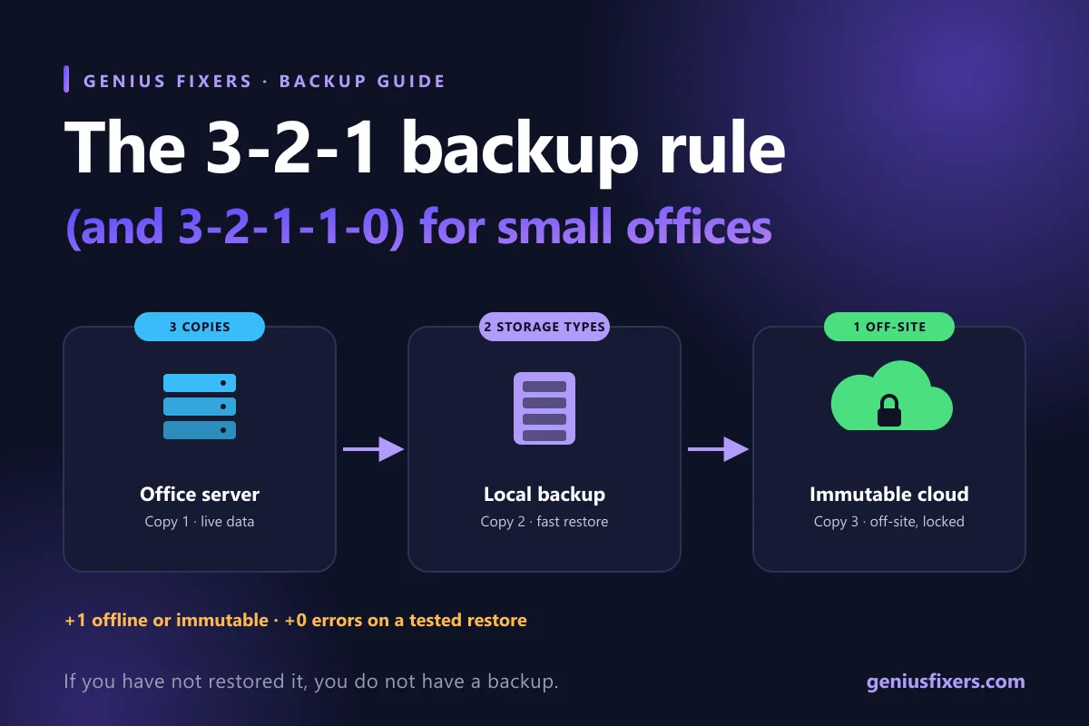 Diagram of the 3-2-1 backup rule: office server, local backup appliance and an off-site immutable cloud copy