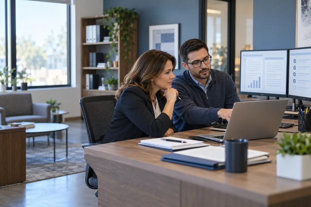 Accounting professional and IT specialist reviewing security controls in a small office