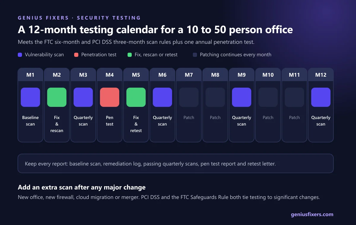 Twelve-month calendar showing quarterly vulnerability scans and one annual penetration test for a small business