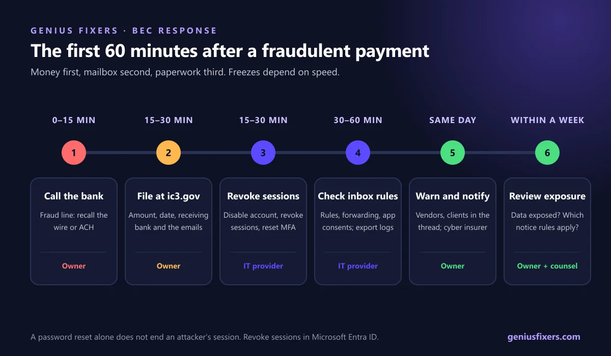 Timeline graphic of BEC response steps: call the bank, file at ic3.gov, revoke sessions, check inbox rules