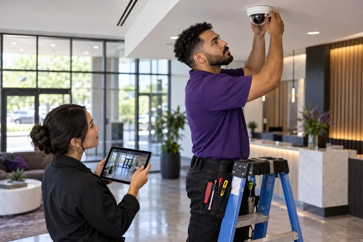 Technician installing an office security camera while a colleague checks the tablet view