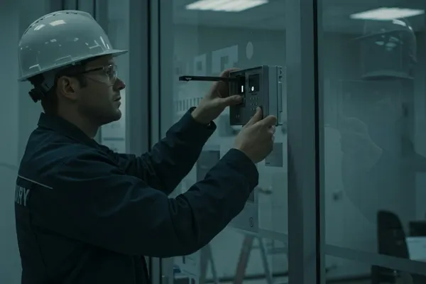 Technician in a hard hat installing a security device on an office wall