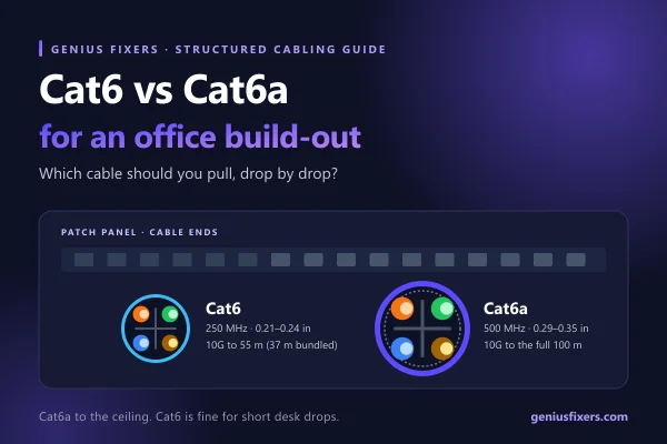 Side-by-side comparison of Cat6 and thicker Cat6a Ethernet cable ends at an office patch panel