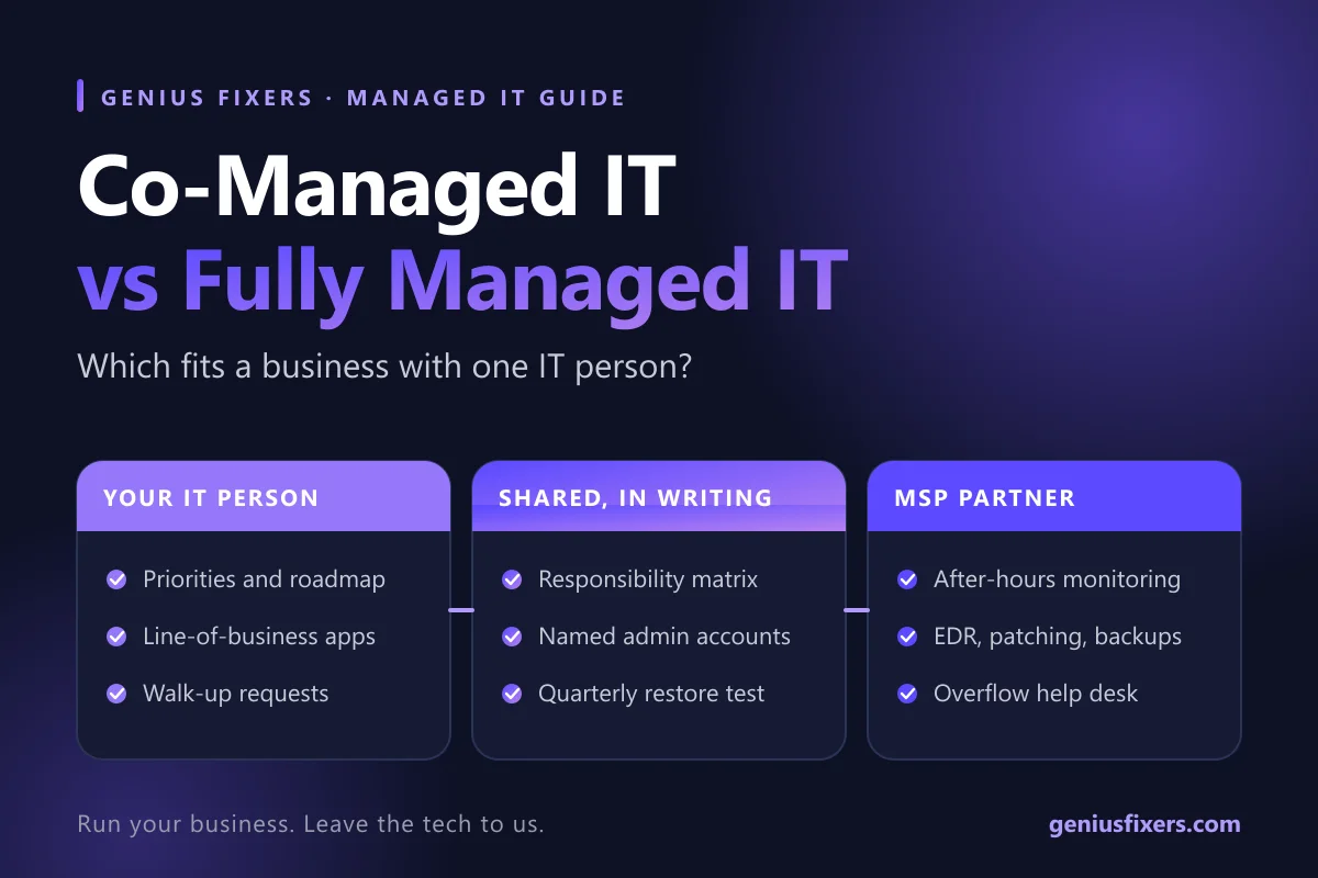 In-house IT administrator and a managed service provider technician reviewing a shared task list for co-managed IT