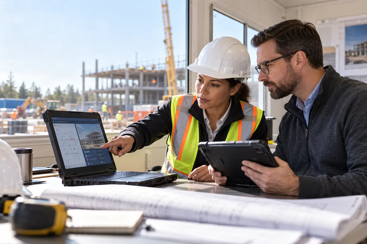 Construction project manager and IT specialist reviewing a rugged laptop and tablet in a jobsite office