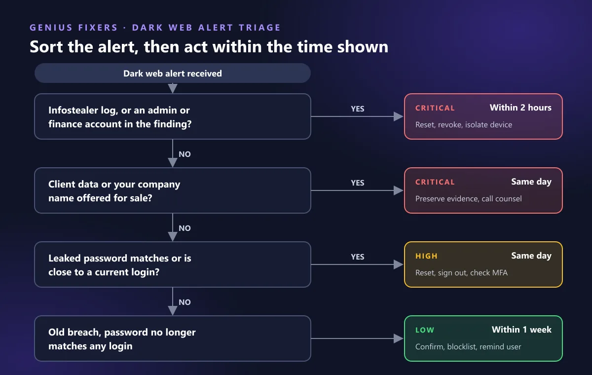 Flowchart sorting dark web alerts into low, high and critical with response times of one week, same day and two hours