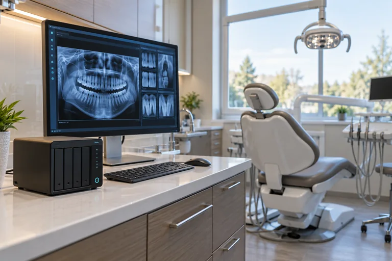 Dental workstation displaying an illustrative X-ray beside a backup appliance in a modern operatory