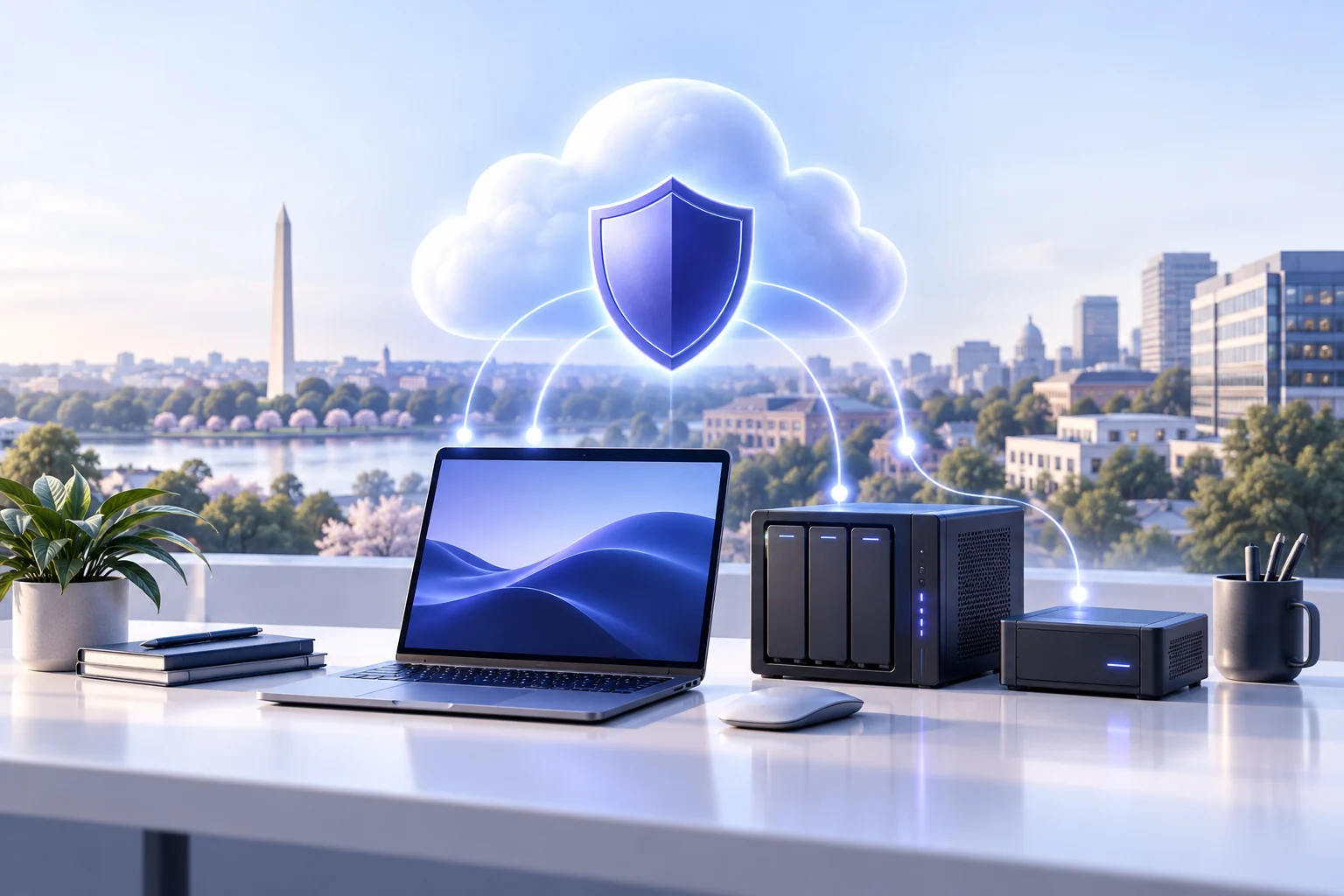 Illustration of a laptop and backup equipment beneath a protected cloud, with a Washington, DC skyline in the background.