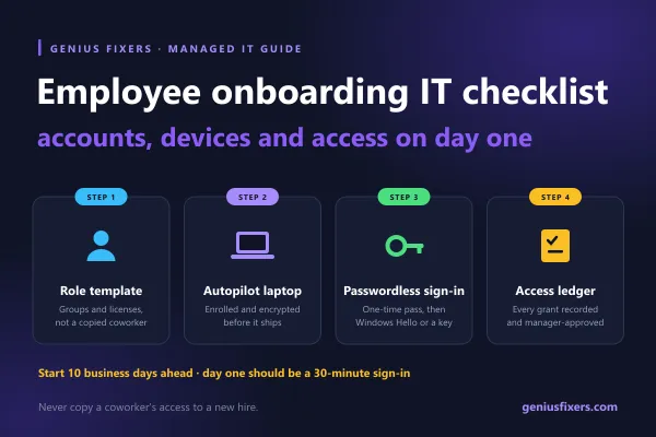 New employee signing in to a company laptop on day one with a security key next to the keyboard