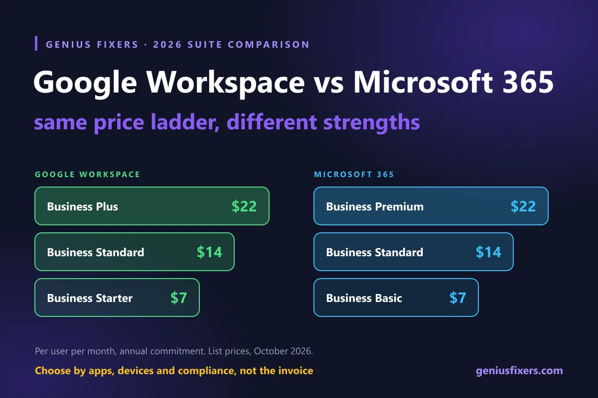 Side-by-side price ladder showing Google Workspace and Microsoft 365 business tiers at $7, $14 and $22 per user