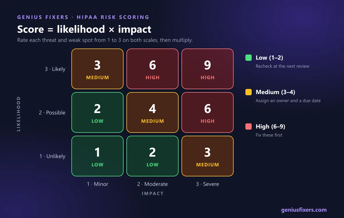 3 by 3 HIPAA risk scoring matrix showing likelihood times impact with low, medium and high zones
