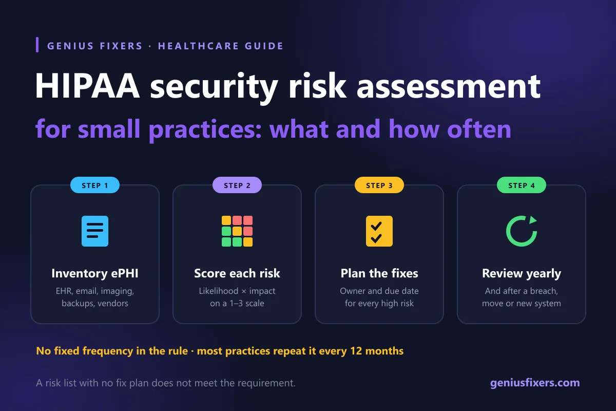 Practice manager reviewing a HIPAA security risk assessment checklist next to a clinic front-desk computer