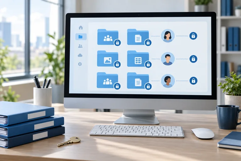 Illustration of shared folders, user permissions and access locks on an office monitor