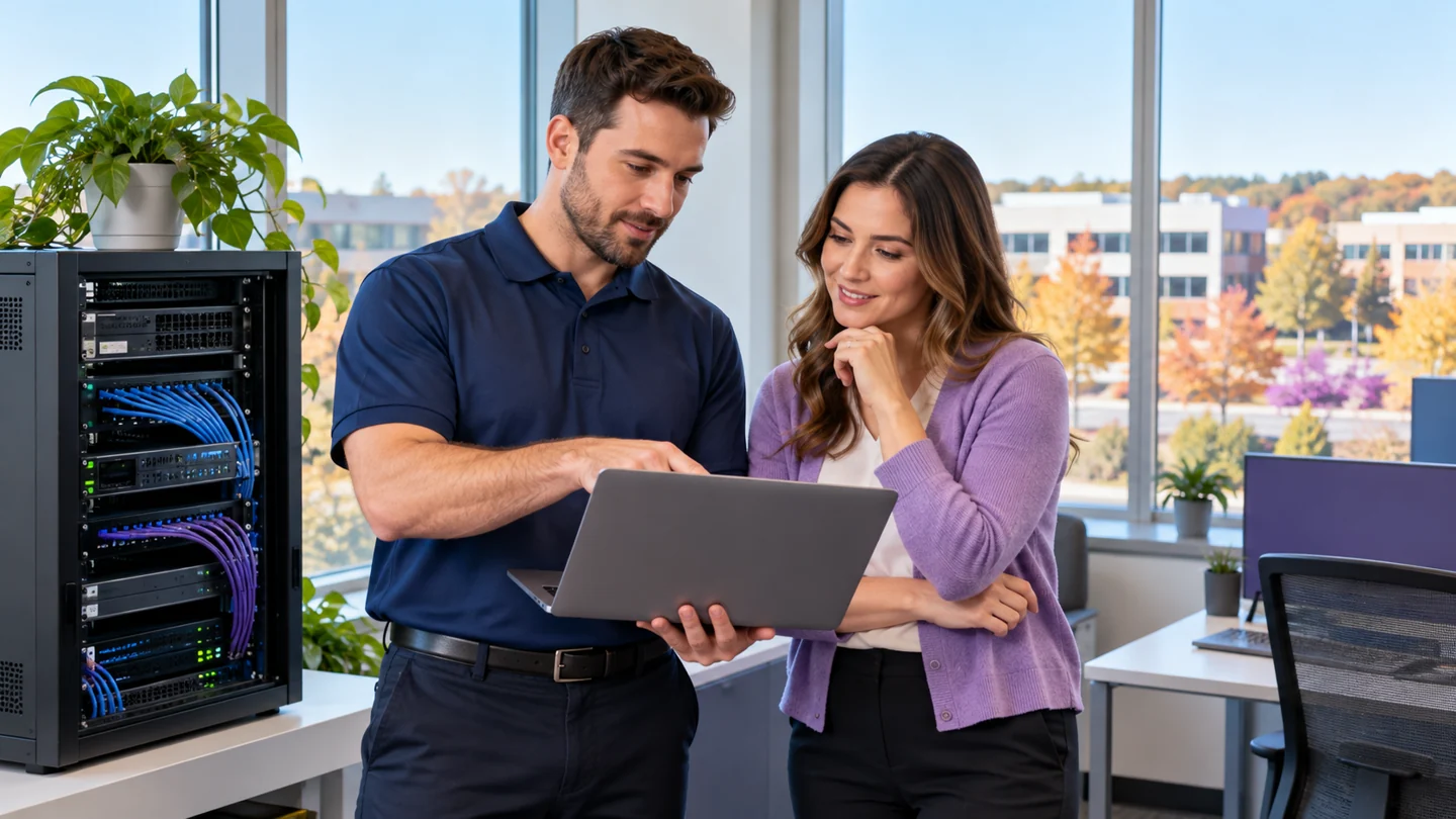 IT technician and office manager reviewing a laptop beside network equipment