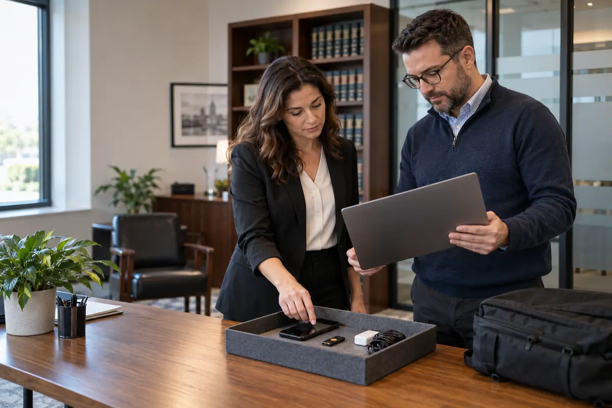 Law firm administrator and IT specialist reviewing a returned laptop, phone and security key