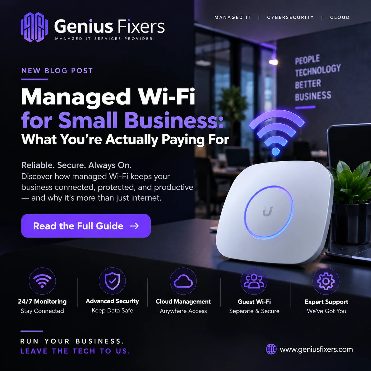 Genius Fixers Managed Wi-Fi for Small Business guide with purple branding and a wireless access point