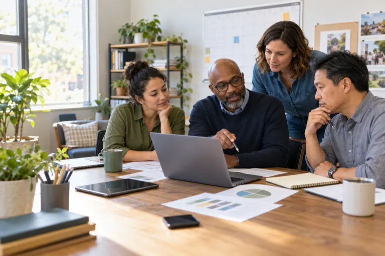 Nonprofit leaders and an IT adviser reviewing an annual technology plan