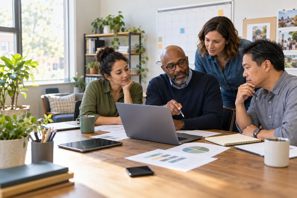 Nonprofit leaders and an IT adviser reviewing an annual technology plan