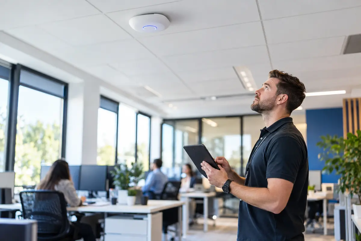 IT technician checking a ceiling-mounted wireless access point in a modern office