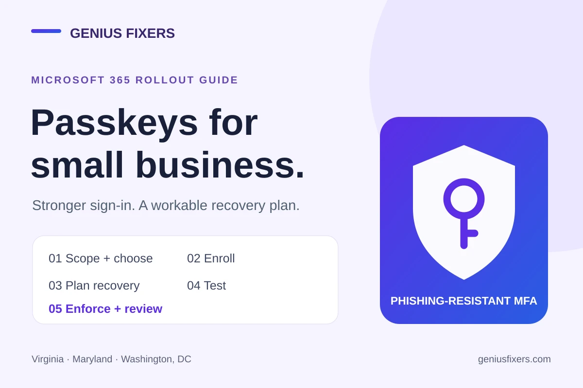 Illustrated security key and five-step checklist for rolling out phishing-resistant sign-in to Microsoft 365