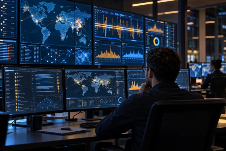 Security analyst reviewing event dashboards in a cybersecurity operations center