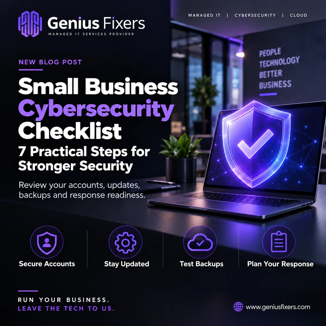 Genius Fixers small business cybersecurity checklist in purple and black, featuring a laptop and protective shield.