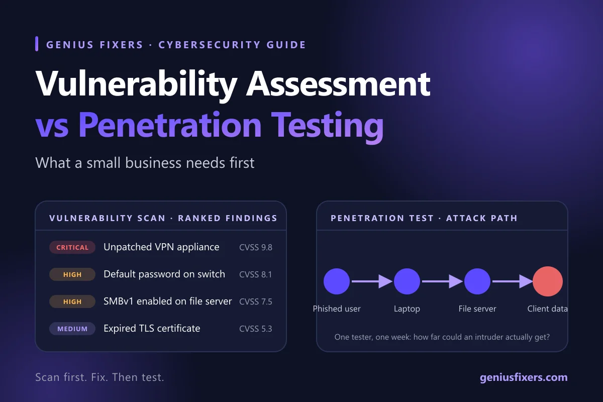 Side-by-side comparison of a vulnerability scan report and a penetration test attack path for a small office network