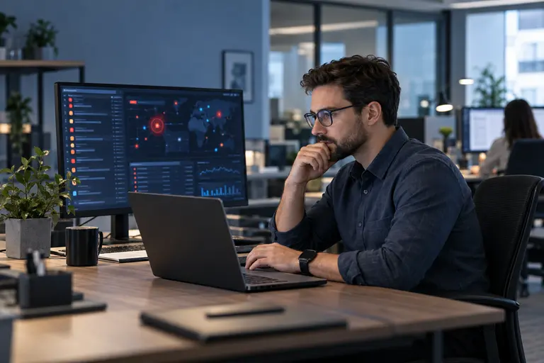 Cybersecurity analyst reviewing an endpoint detection alert on a workstation