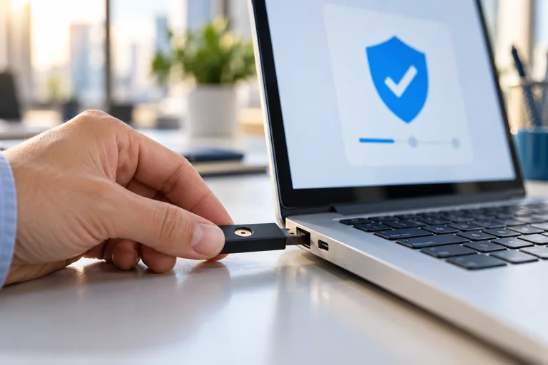 Hardware security key connected to a laptop for verified access