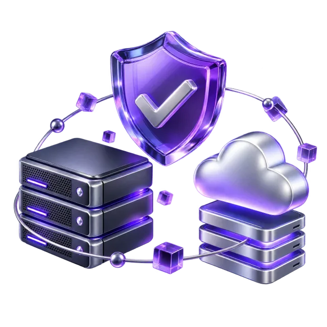 Connected 3D server, security shield and cloud representing coordinated IT services