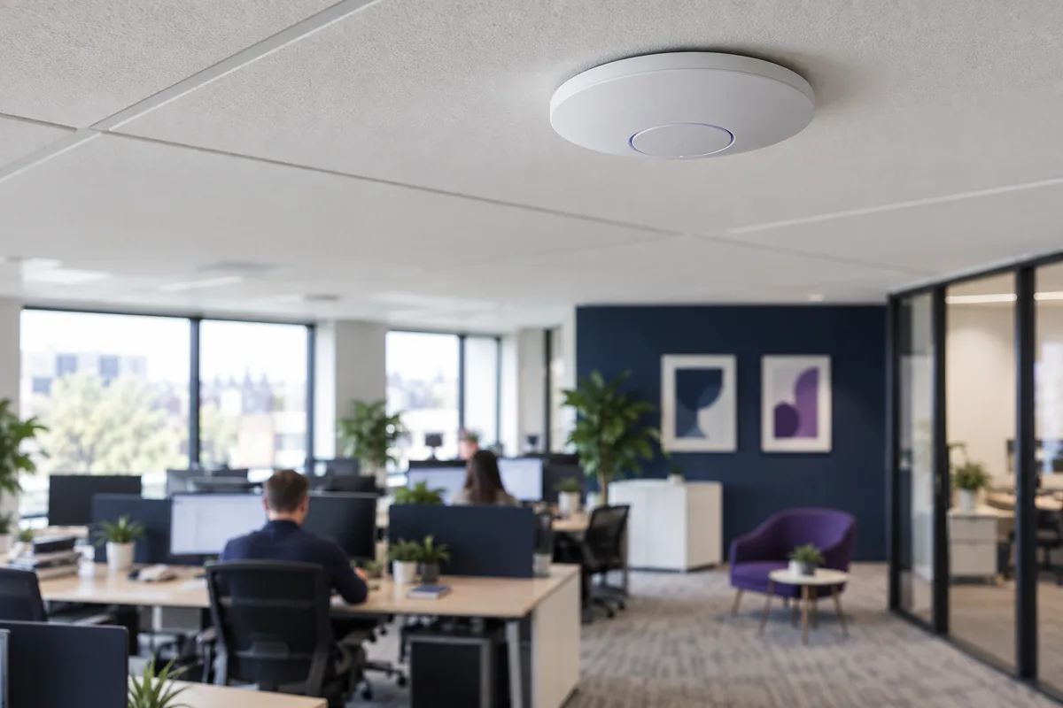 Illustration of a ceiling-mounted wireless access point in a business office