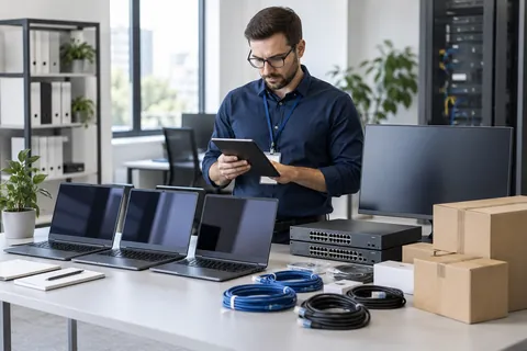 IT specialist reviewing business laptops and equipment for procurement planning