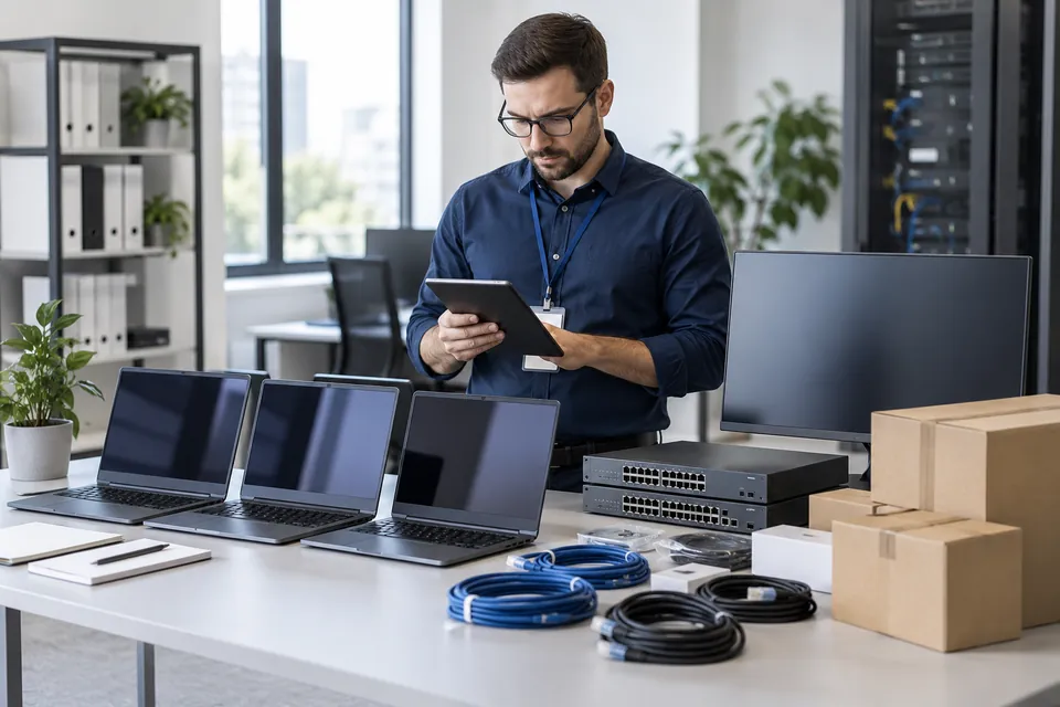 IT specialist reviewing business laptops and equipment for procurement planning