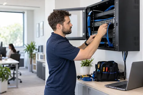 On-site IT technician maintaining a business network cabinet