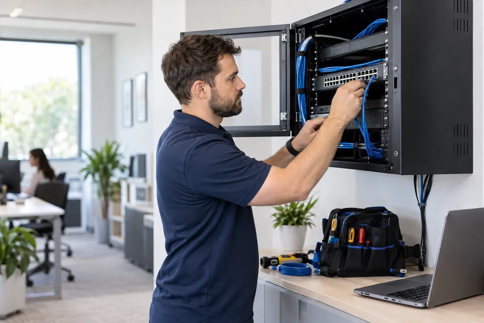 On-site IT technician maintaining a business network cabinet
