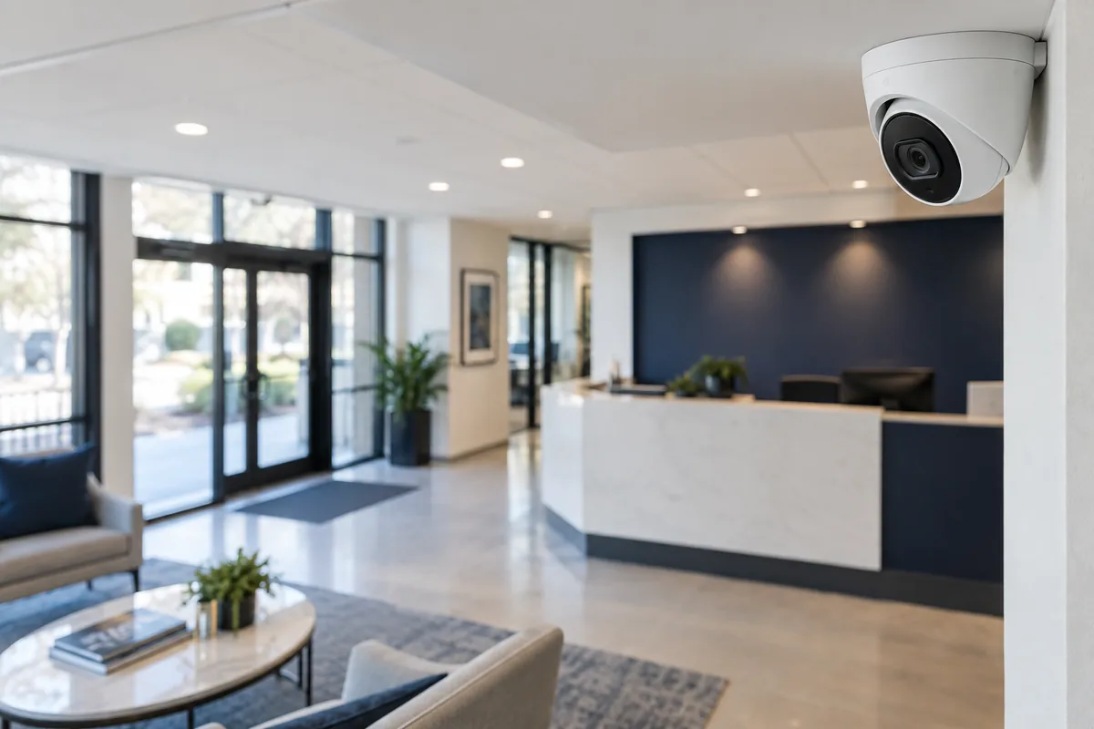 Illustration of an indoor security camera overlooking an office reception